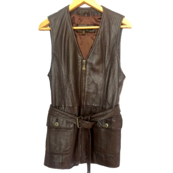 Brown Leather Vest Belted Riding Longline Safari Sleeveless Otello Pelle Small - Picture 11 of 16
